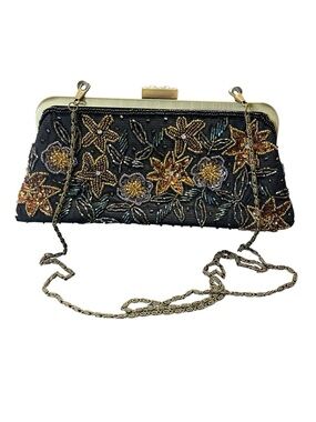 Vintage Beaded Black Floral Evening Clutch Made in Malaysia